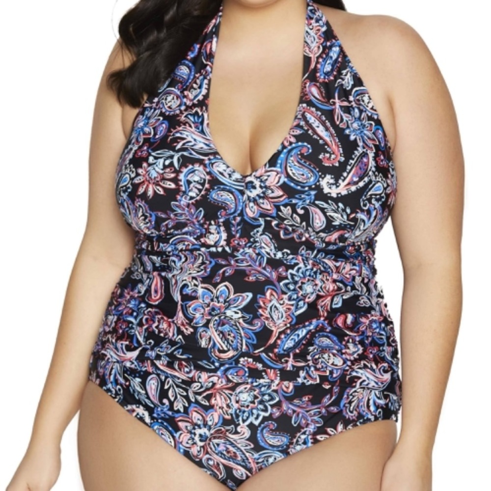 Time & Tru Women’s Halter V-neck Paisley 1Pc Swimsuit Plus Size 2X (20W-22W) NEW